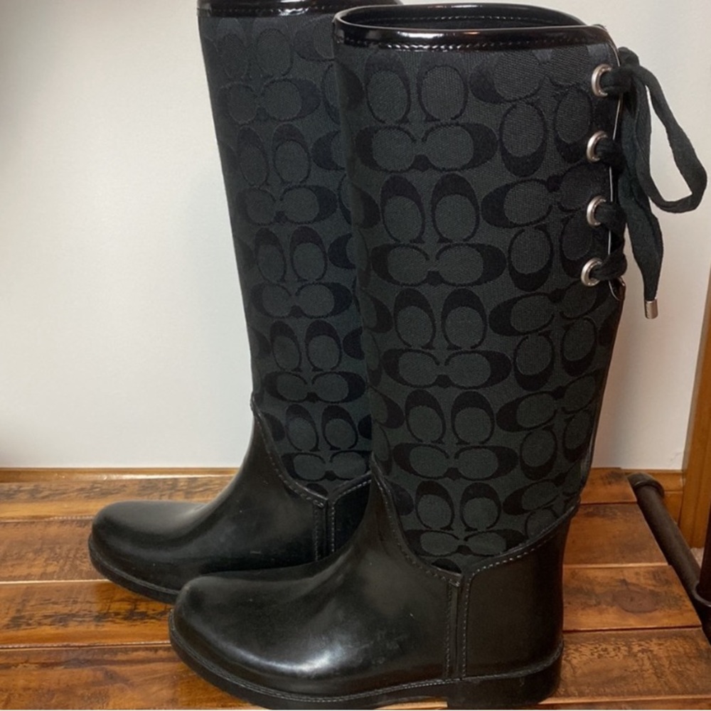 Coach Black/Black Logo Tall Rain Boots Size 10B